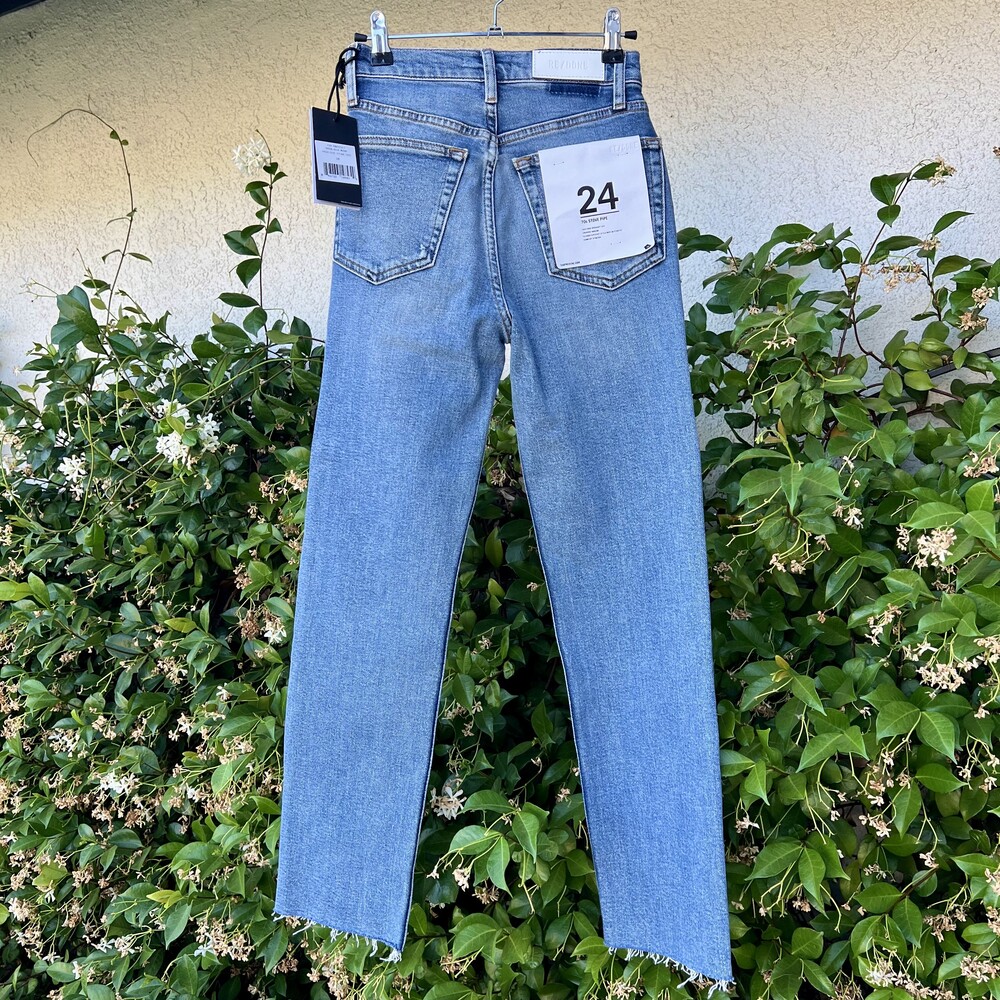 NWT Redone High Rise Stove Pipe Jeans Brisk Blue w Rips Straight Size 24 fits 25 - Picture 6 of 8